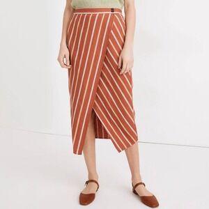 Madewell‎ Linen Cotton Blend Overlay Wrap Midi Skirt Size XL Stripe Orange Rust